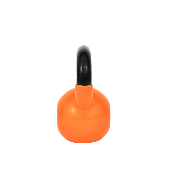 Kettlebell orange à large manche de 15lb en vinyle trempé sur le côté.