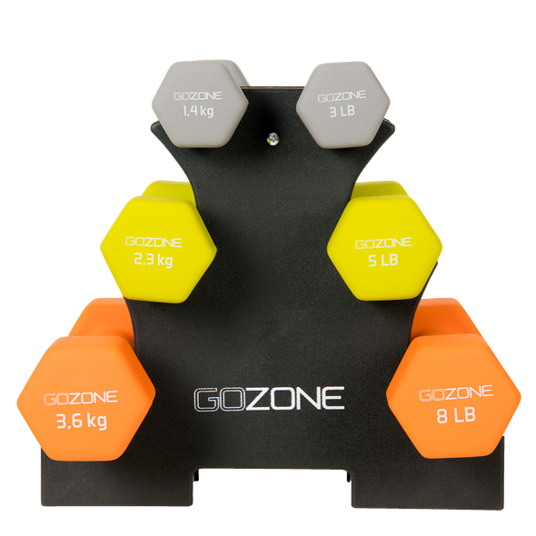 Vue de face des haltères sur le support, avec le logo GoZone.