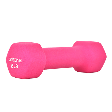 Pink hex neoprene-coated aerobic dumbbell, off-center