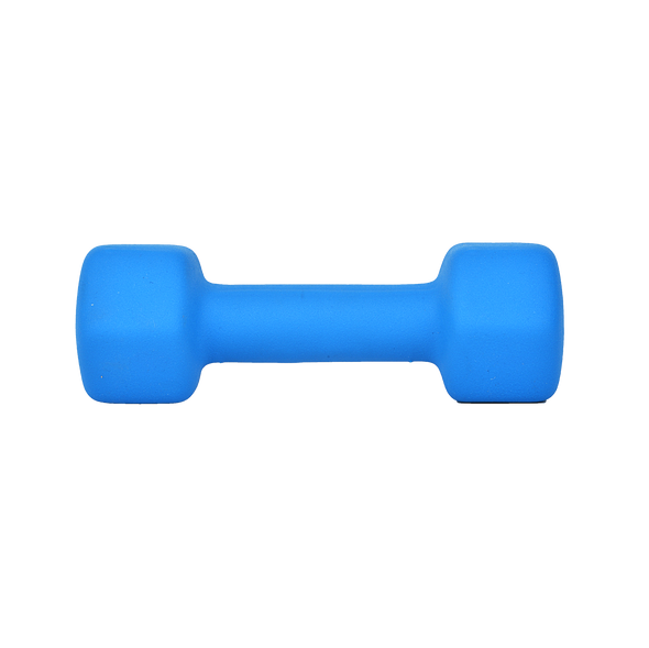 Blue neoprene dumbbell shot from above