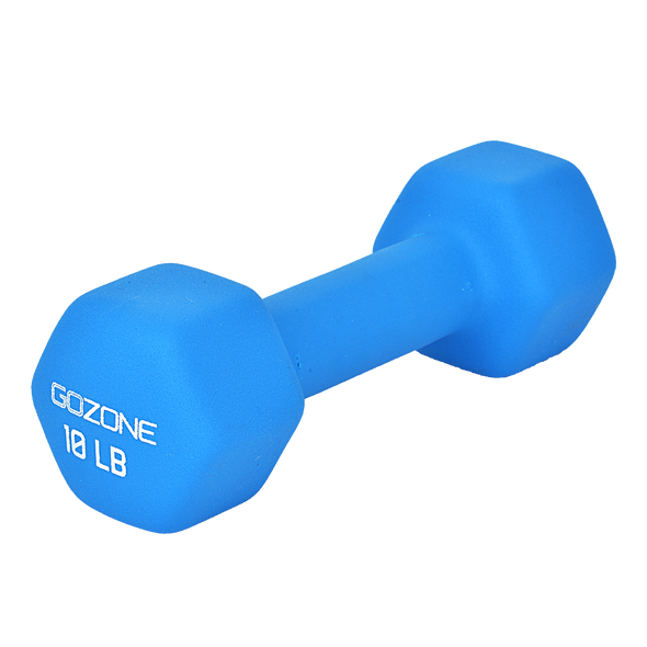 Blue neoprene-coated 10lb dumbbell on transparent background