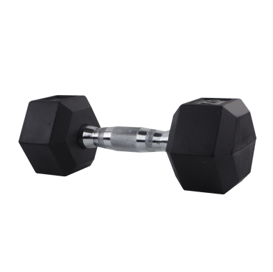 10lb rubber-coated hex dumbbell from the front at a slight angle