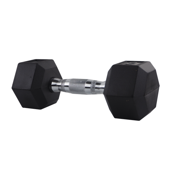 10lb rubber-coated hex dumbbell from the front at a slight angle