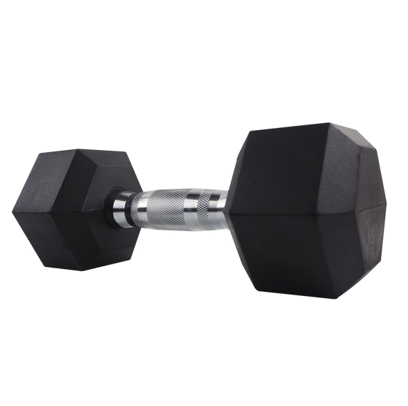 15lb rubber-coated hex dumbbell from front/off-center