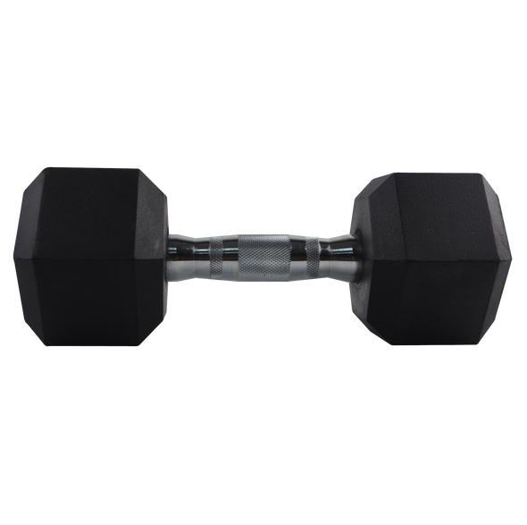 Back view of rubber-coated black hex dumbbell with chrome handle