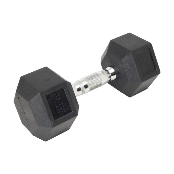 Off-center view of rubber hex dumbbell