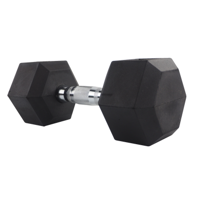 25lb black rubber-coated dumbbell with hex ends and a chrome textured handle