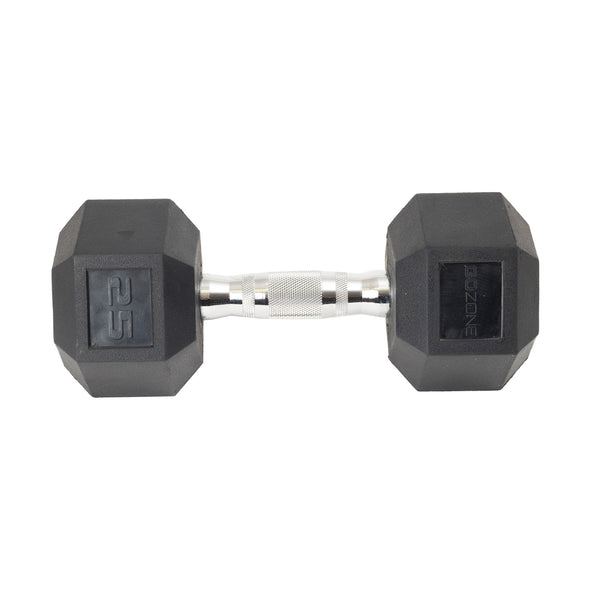 Straight-on view of rubber-coated hexagonal dumbbell