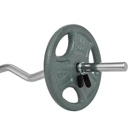 End of curl bar pictured with weight plate (not included) and collar clip (not included)
