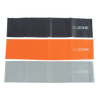 3-pack resistance bands lying flat together. Heavy (black), medium (orange), and grey (light)