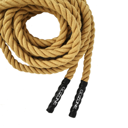 Natural-colored battle rope coiled loosely