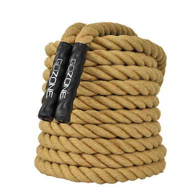 20ft battle rope, natural rope color, coiled up neatly