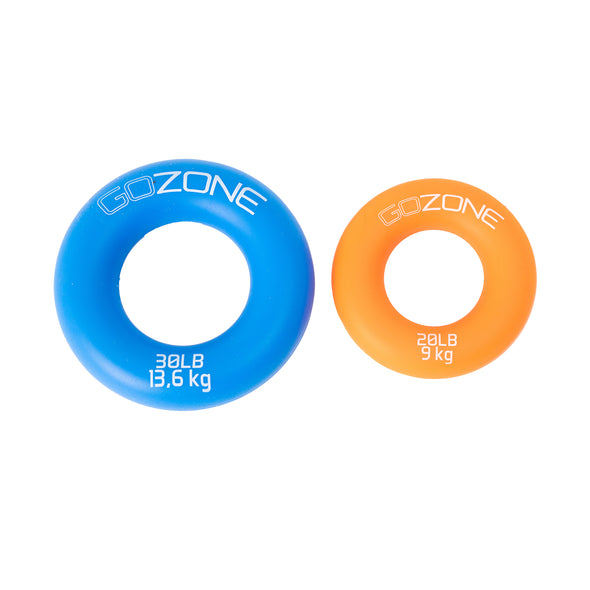 Blue 30lb and orange 20lb hand strength rings side by side