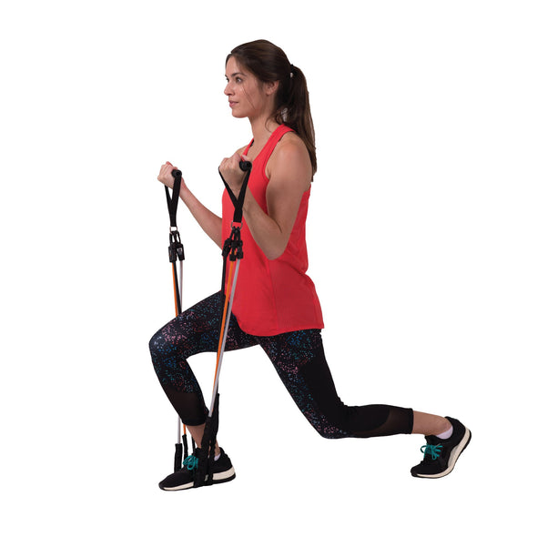 Woman doing lunges with 3-in-1 resistance tubes