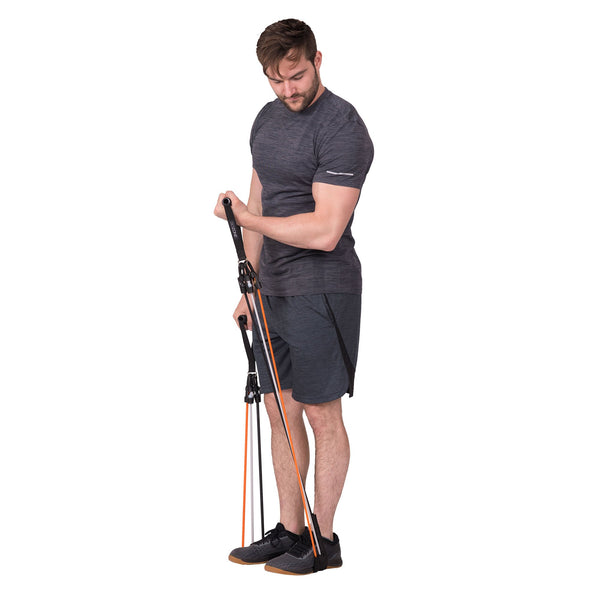 Man using resistance bands for biceps workout