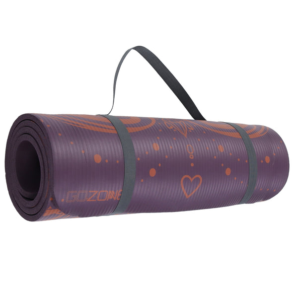 10mm purple printed exercise mat rolled up with carry strap