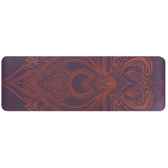 Purple exercise mat with orange print from above