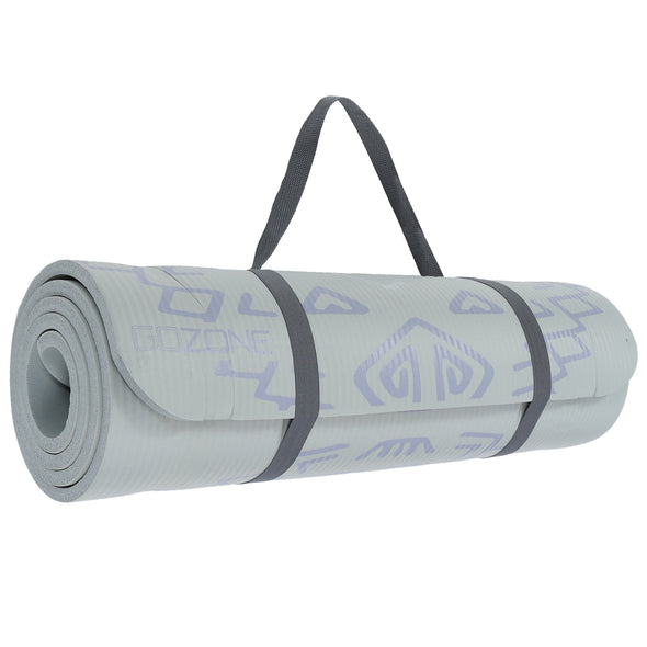 Grey printed fitness mat rolled up with carry strap