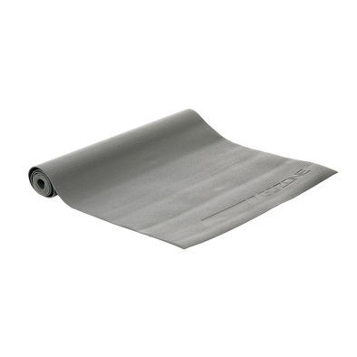 Dark grey yoga mat, partially unrolled