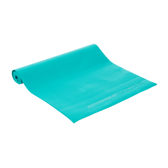 Teal 3mm yoga mat partially unrolled