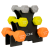 Dumbbells on A-frame rack, orange neoprene on the bottom, yellow in the middle, and grey on top