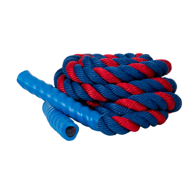 Red and blue battle rope coiled up