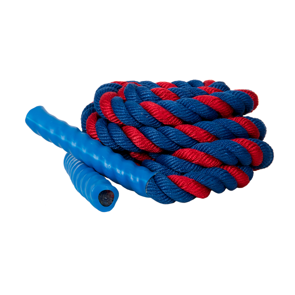 Red and blue battle rope coiled up