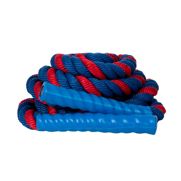Coiled red/blue 15th battle rope from front