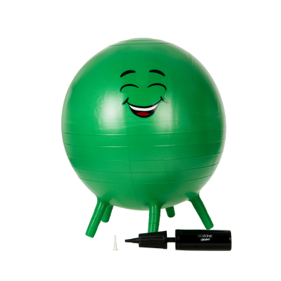 Green Happy Guy Stay and Play ball, front view with air pump