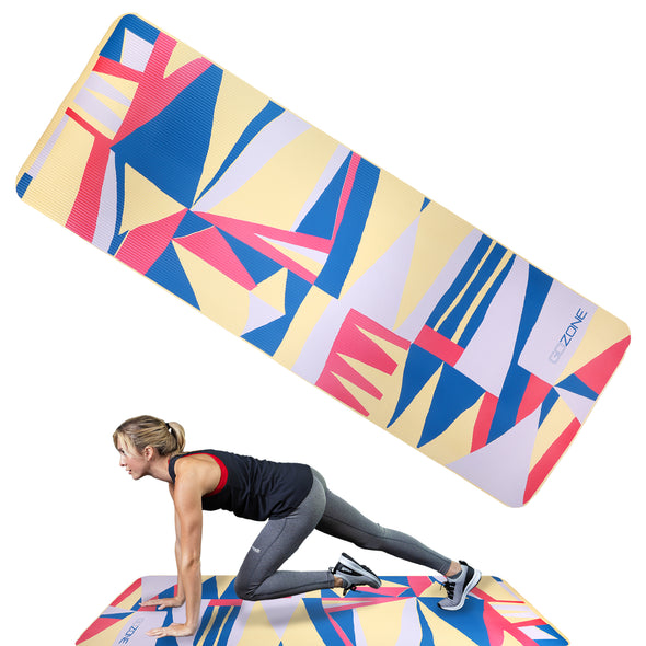 10mm Exercise Mat with Abstract Print - Tan/Blue/Red Combo