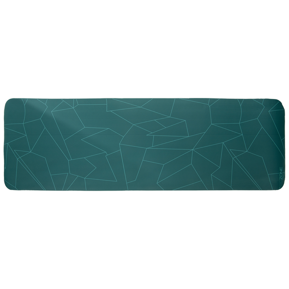 Teal line printed fitness mat from above, rotated 90-degrees